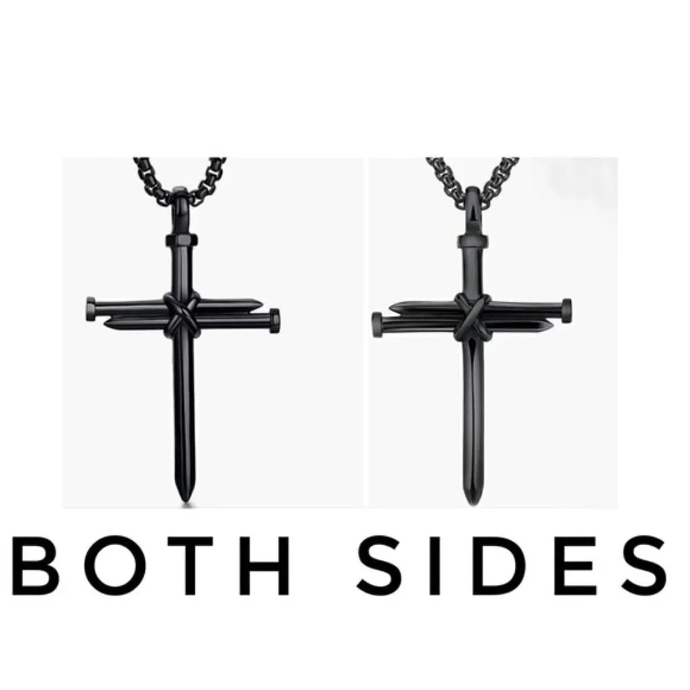 Cross 3 Nail Necklace Statement Piece Pendant Chain and Gift Pouch Black